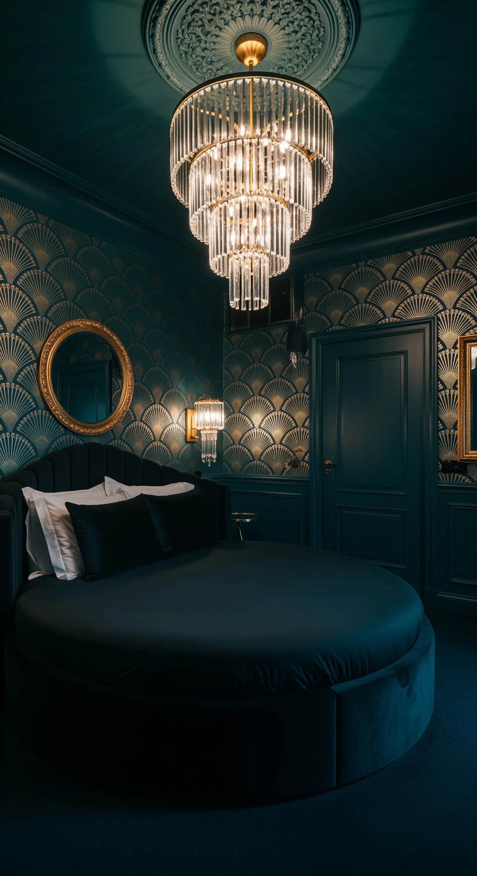 Petrolfarbene Tapete mit goldenem Fächermuster und Kristalllüster