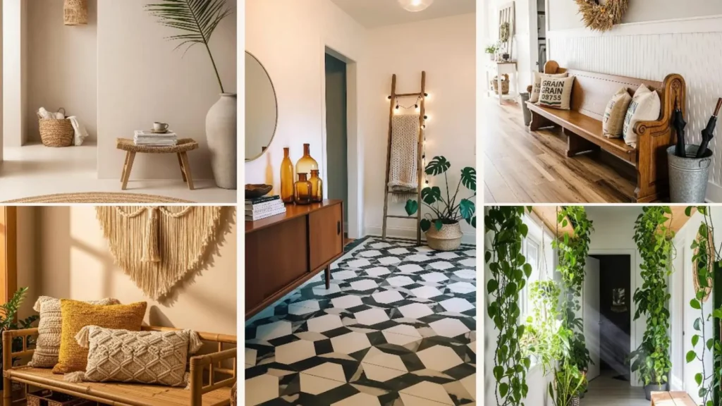 Gemütlicher Boho-Flur mit Rattan-Möbeln, Pflanzen und Makramee, der Gäste sofort willkommen heißt.