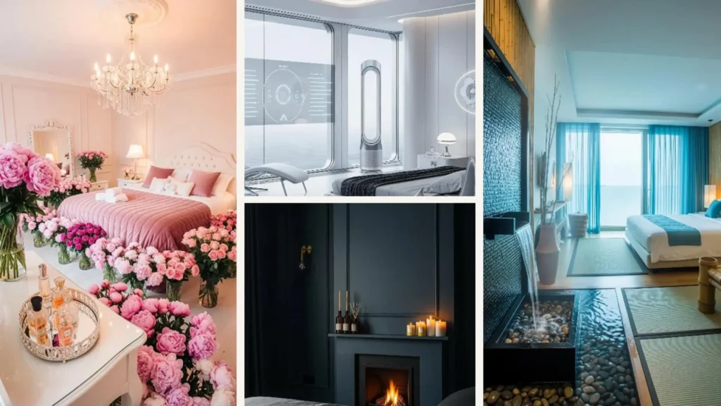 Elegante Schlafzimmer mit Spa-Atmosphäre, Blumen, Kerzen und Wasserfall für beruhigenden Duft.