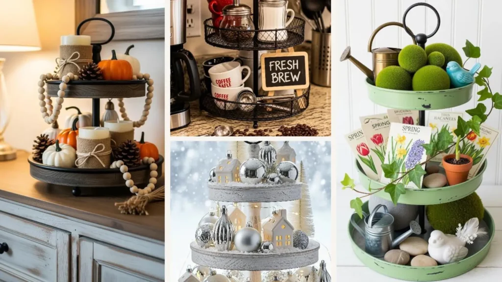 Rustikale Etagere im Jahreszeiten-Mix für die Bauernhaus-Küche, dekoriert mit Kürbissen, Blumen und Tassen.