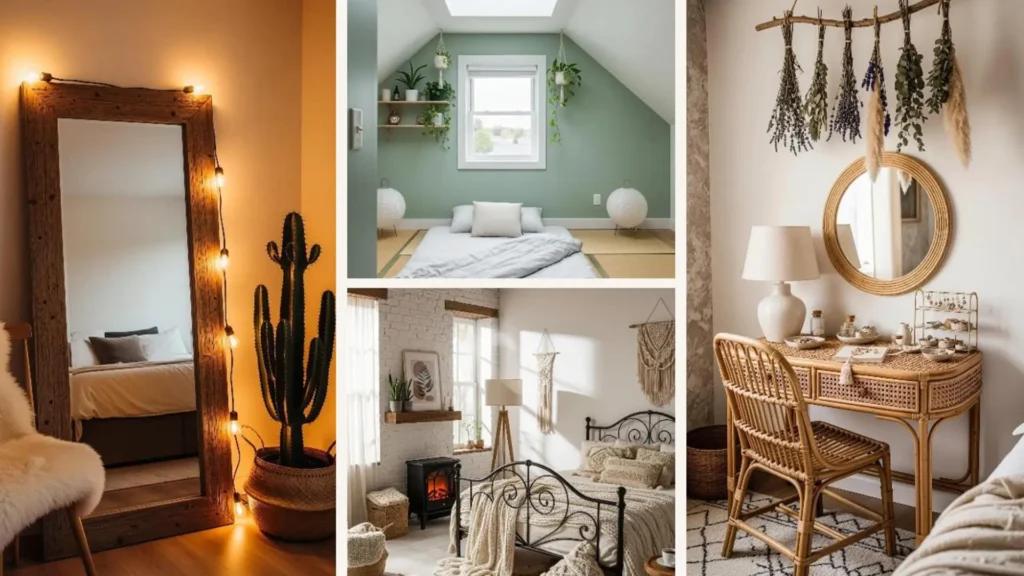 Beruhigende Boho-Schlafzimmer mit Rattan, Pflanzen und warmem Licht für eine entspannte Atmosphäre.