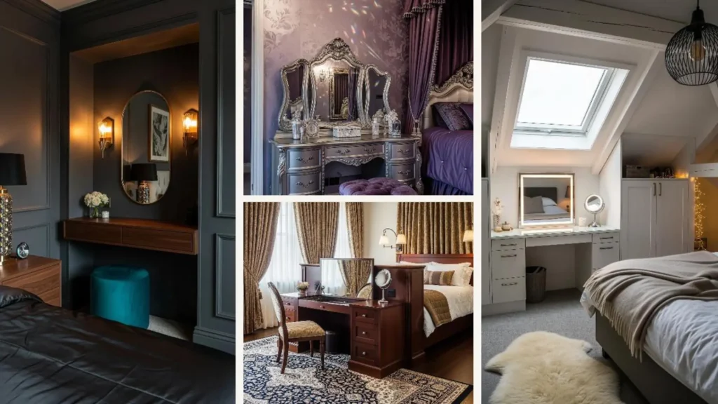 Luxuriöse Schlafzimmer mit privatem Make-up Vanity-Bereich und eleganten Schminktischen.