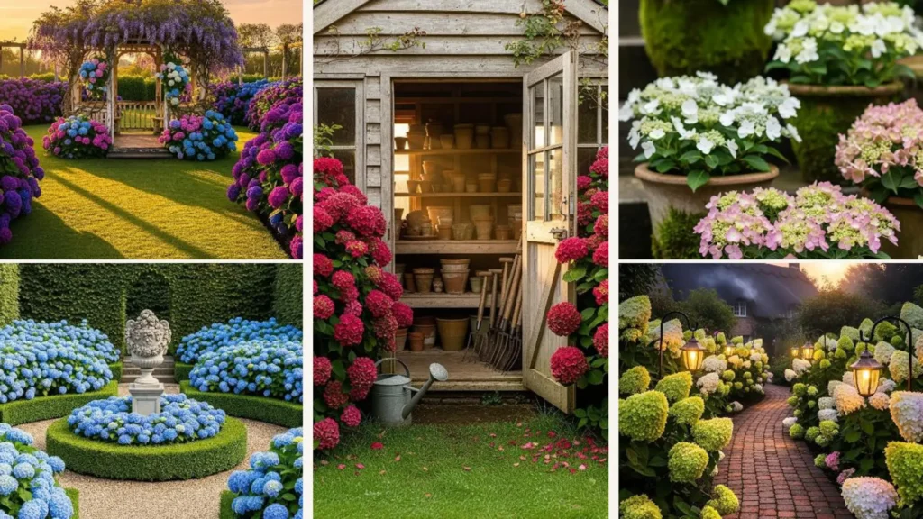 Märchenhafte Hortensien im englischen Sommergarten: Collage mit Pavillon, Gartenhaus und üppigen Wegen.