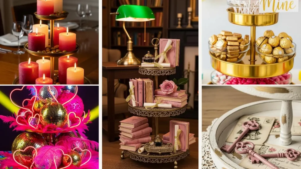 Romantische Etagere-Deko für Valentinstag: Collage in Rosa und Gold mit Herzen, Kerzen und Vintage-Details.