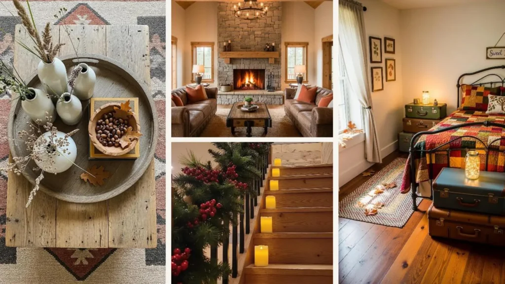 Collage aus rustikalen Herbst-Wohnideen im Landhausstil: Kaminfeuer, Kerzen und Naturdeko für warme Atmosphäre.