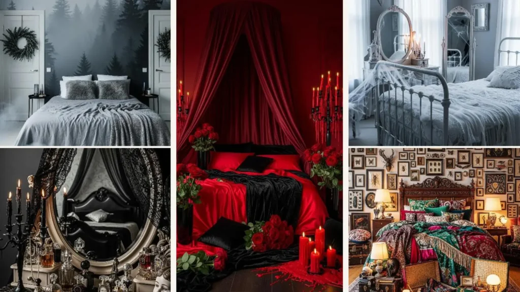 Elegante Halloween Schlafzimmer Deko mit gotischen Betten, Kerzen und Spinnweben für eine mystische Herbst-Stimmung.