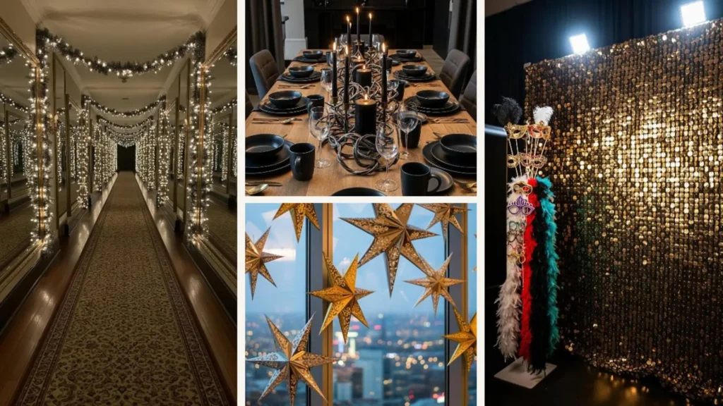 Elegante Metallic-Dekoideen für Neujahr: Goldene Sterne, Paillettenwand und festliche Tischdekoration.