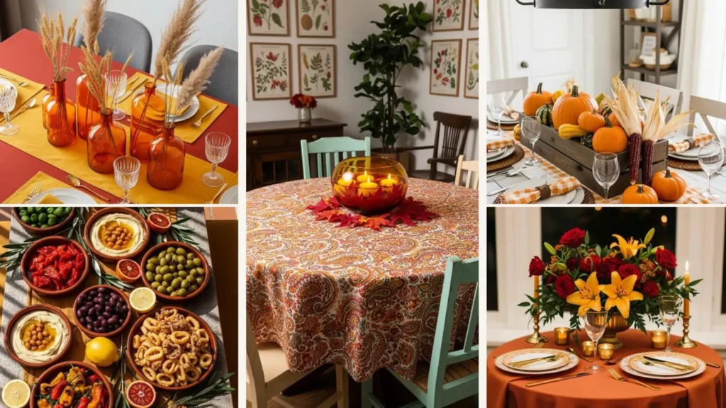 Herbstliche Tafeldeko in Orange, Rostrot und Senfgelb mit Kürbissen, Blumen und Kerzen für das Esszimmer.