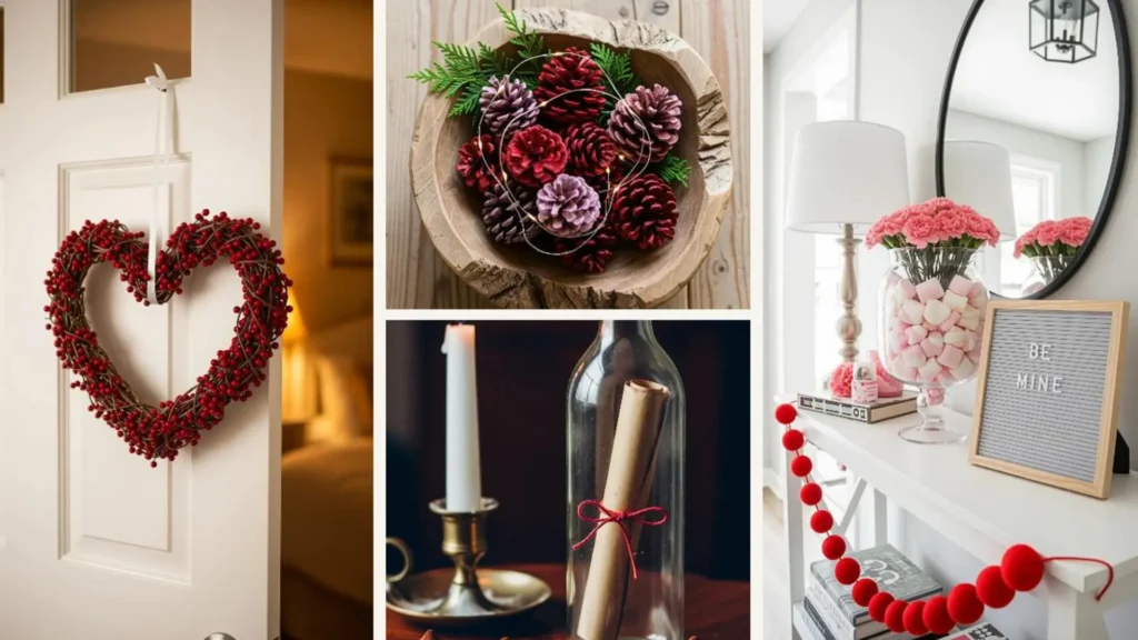 Collage mit Last-Minute-Valentinstag-Dekoideen: Herzkranz, Zapfen und süße Tischdeko mit Blumen.