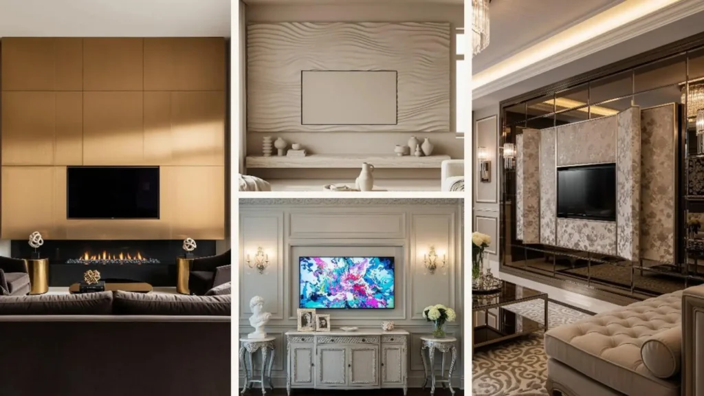 Collage maßgefertigter TV-Wände im luxuriösen Wohnzimmer mit Gold-Paneelen, Kamin und Spiegel-Details.