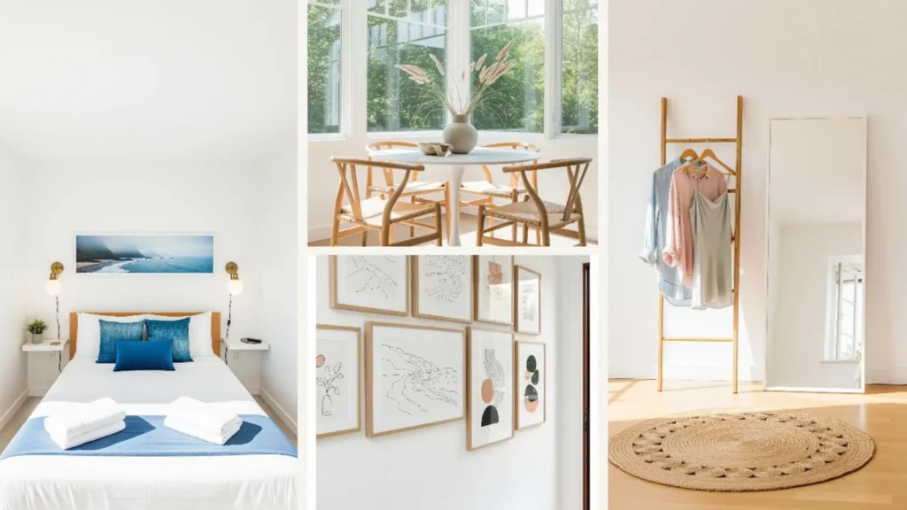 Helle Collage: Minimalistische Sommer-Deko im modernen Küsten-Look für kleine Räume mit viel Licht.