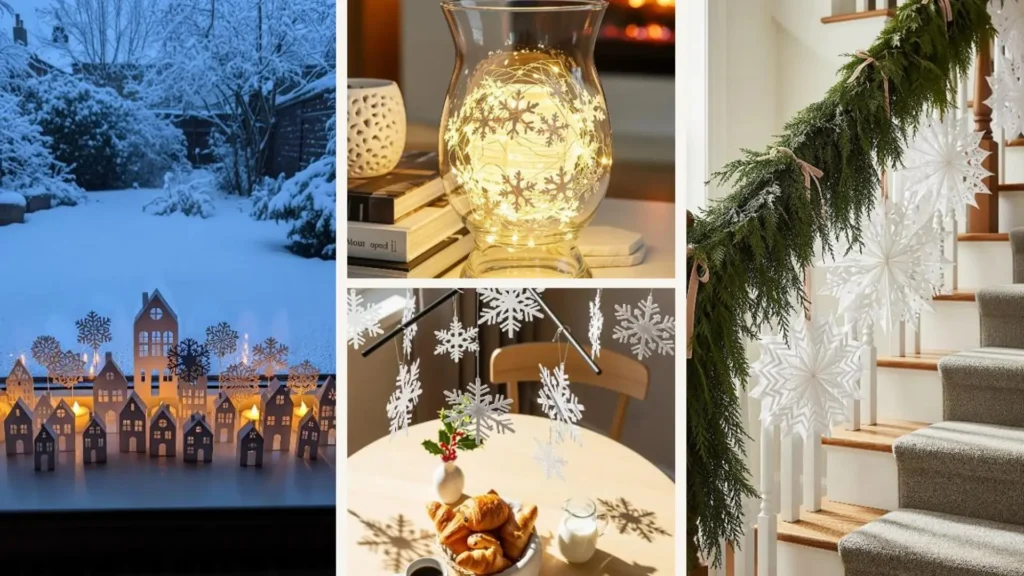 Minimalistische Winterdeko mit Papier-Schneeflocken am Fenster, im Glas und an der Treppe für gemütliche Hygge Vibes.