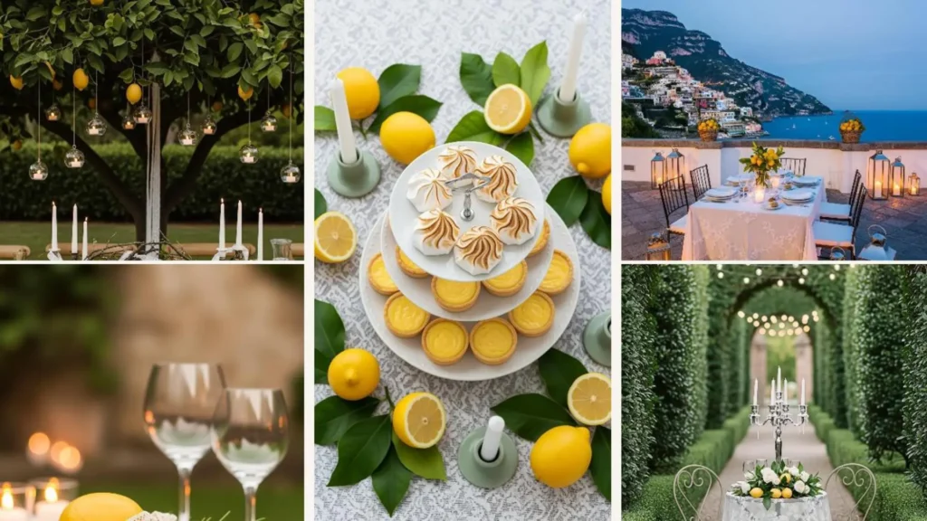 Romantische italienische Tischdeko im Garten mit Zitronen, Spitze und Kerzen für ein Valentins-Dinner