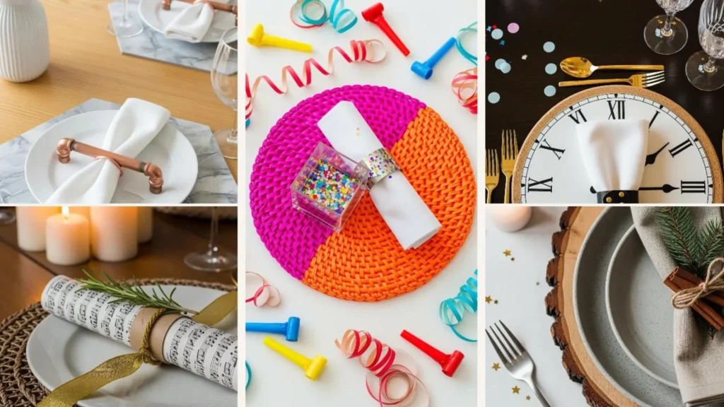 Collage festlicher DIY-Tischsets und Serviettenringe für eine stilvolle Silvester-Tischdeko.