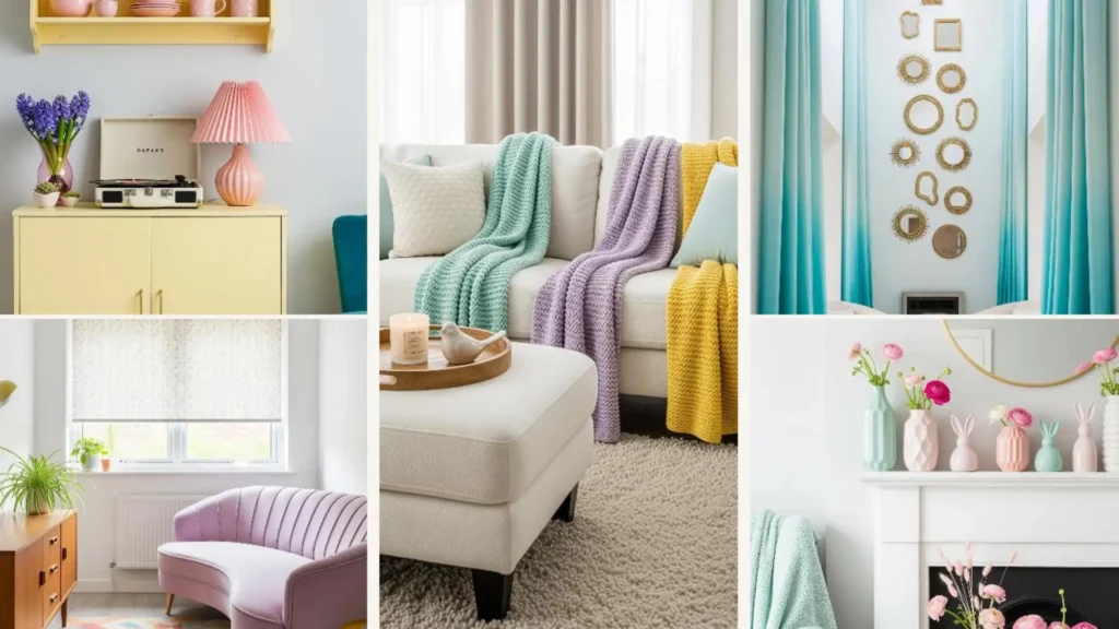 Gemütliche Frühlings-Wohnzimmer in Pastell mit bunten Decken und Vasen für kleine Räume.