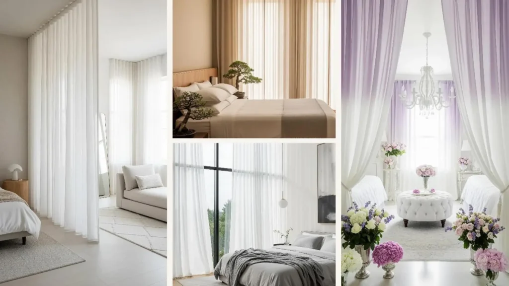 Luxuriöse Schlafzimmer mit raumhohen Vorhängen, die fließende Eleganz und modernes Flair zeigen.