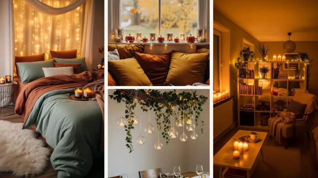 Gemütliche Herbstdeko mit vielen Kerzen und Lichterketten für magische Hygge-Vibes im Zuhause