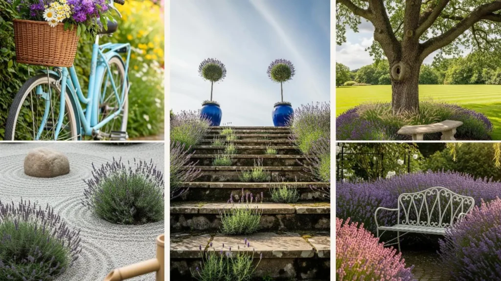 Collage romantischer Lavendel-Ideen im englischen Garten: Fahrrad, Treppe und Bank umgeben von duftenden Blüten.