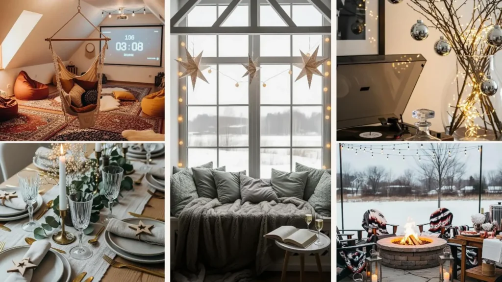 Gemütliche Neujahrsdeko im Hygge-Stil: Collage mit Lichterketten, festlichem Tisch, Feuerstelle und Kuschelecke.