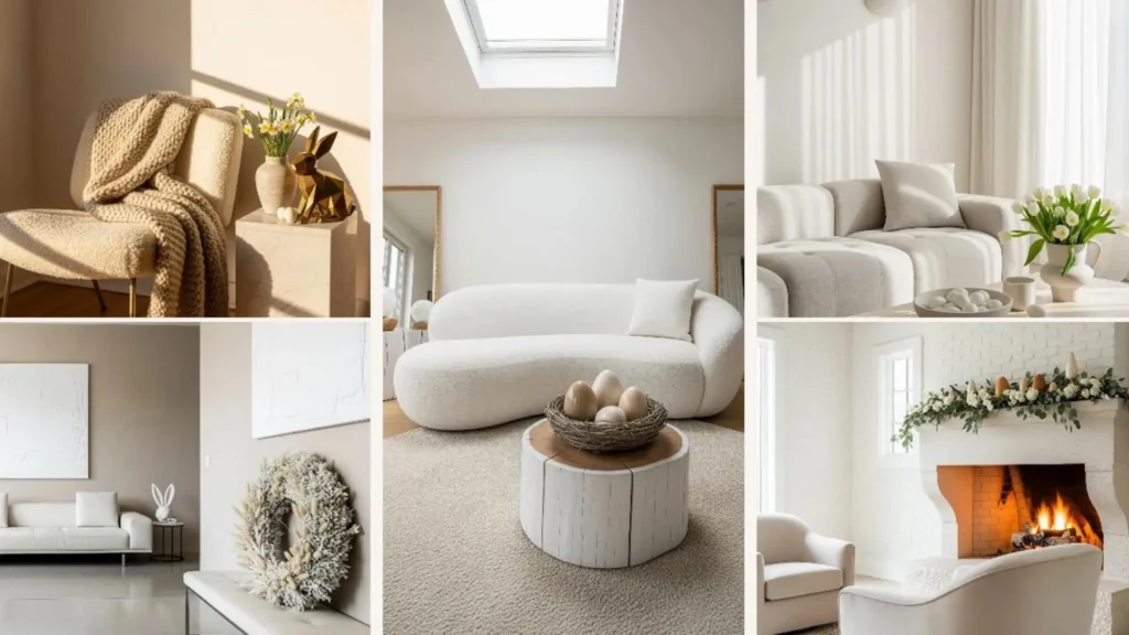 Minimalistische Wohnzimmer in Weiß & Beige mit eleganter Osterdeko und frischen Frühlingsblumen.