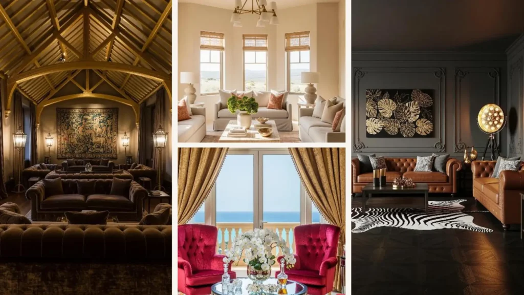 Luxuriöse Wohnzimmer im Dubai-inspirierten Glamour mit goldenen Akzenten und opulenten Highlights.