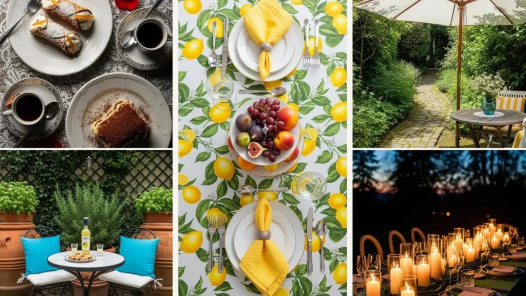 Italienische Tischdeko im Amalfi-Stil mit Zitronenmuster, Desserts und Kerzenschein für ein Date im Garten.
