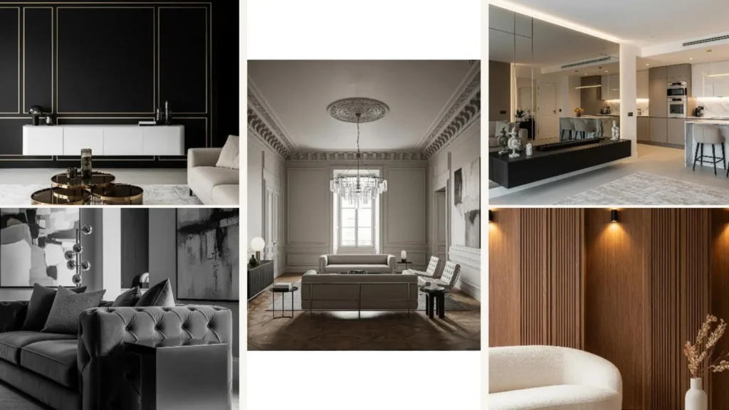 Minimalistische Luxus-Wohnzimmer mit klaren Linien und Premium-Materialien wie Holz, Marmor und Goldakzenten.