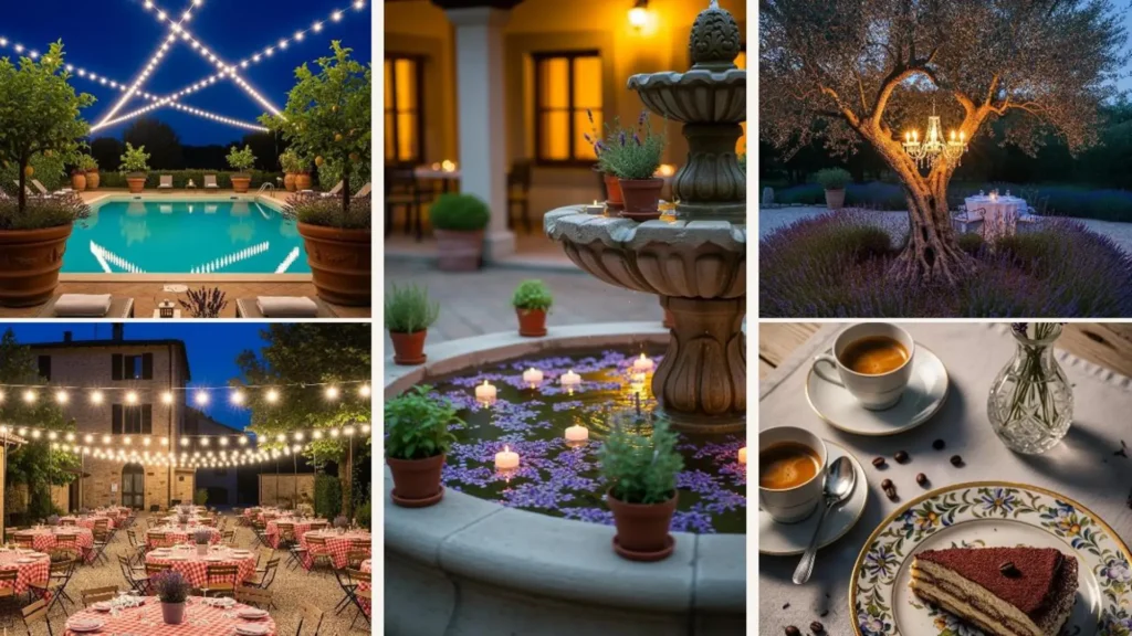 Romantische italienische Gartendeko bei Nacht mit Lichterketten, Brunnen und Tafeldekoration mit Lavendel