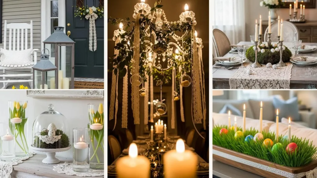 Romantische Vintage-Osterdeko mit Spitze, Kerzen und Blumen für eine zauberhafte Frühlingsstimmung.