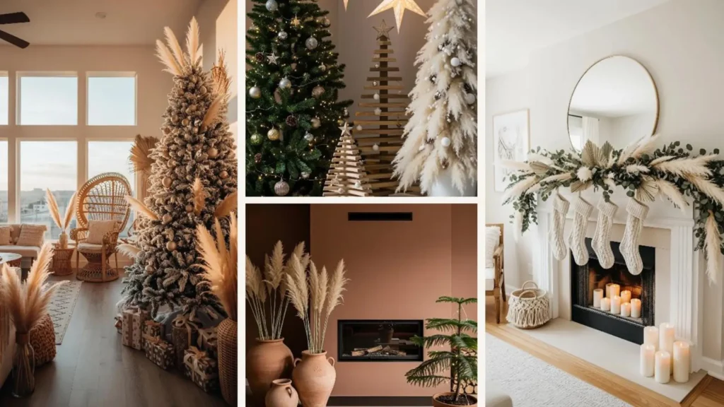 Stylisches Wohnzimmer mit Boho-Weihnachtsdeko, Weihnachtsbaum und Pampasgras.
