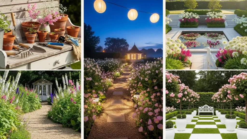Eleganter englischer Sommergarten mit weißen und rosa Blumen, Pavillons und Wegen als edle Gartenideen.
