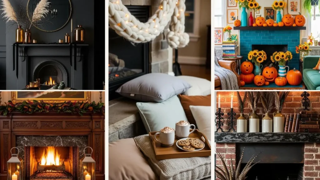 Gemütliche Kaminumrandung Deko im Herbst: Collage mit Kürbissen, Kerzen und Pflanzen im Wohnzimmer.