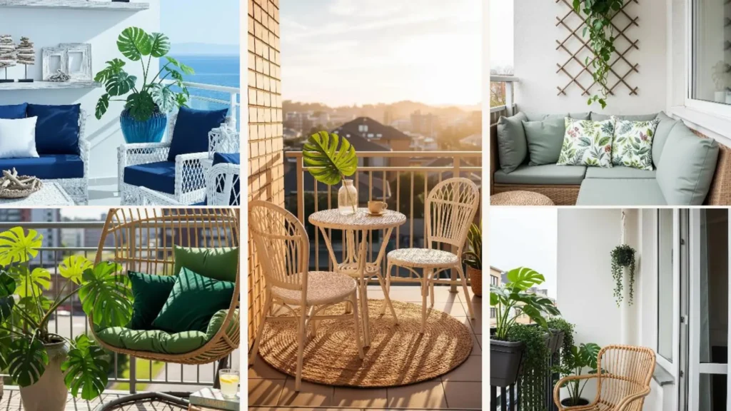Collage luftiger Balkon-Makeovers mit Rattanmöbeln und Monstera für Urlaubsatmosphäre.