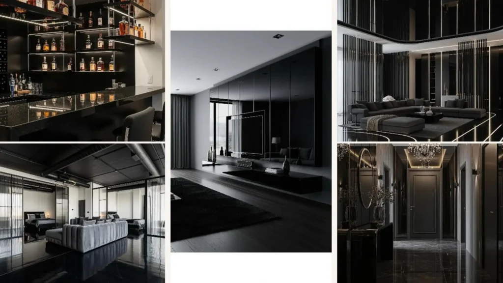 Collage moderner Raumkonzepte mit schwarzem Glas und glänzenden Oberflächen für luxuriöses Wohnen.