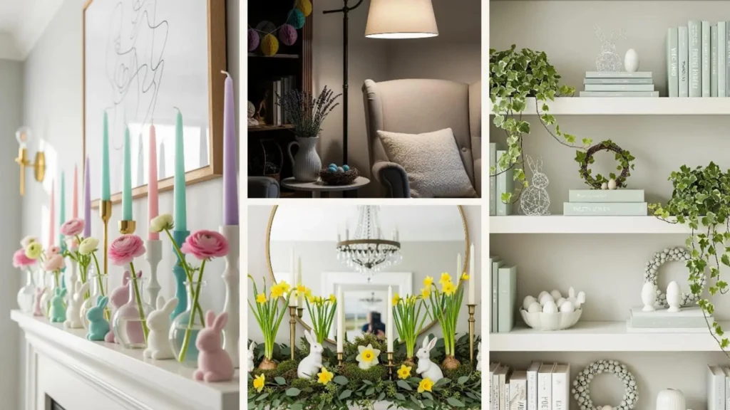 Collage kreativer Osterideen für ein Instagram-taugliches Wohnzimmer mit Pastellkerzen, Blumen und Hasen.