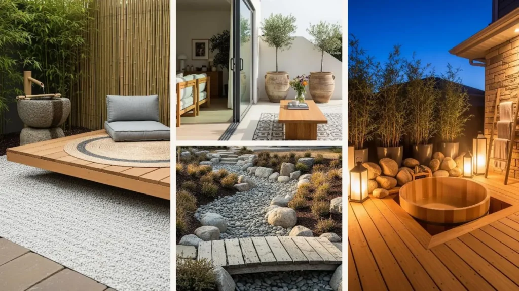 Japandi-Gartenideen mit Naturmaterialien: Collage aus Holzdecks, Steingärten und Bambus für nachhaltiges Outdoor-Design.