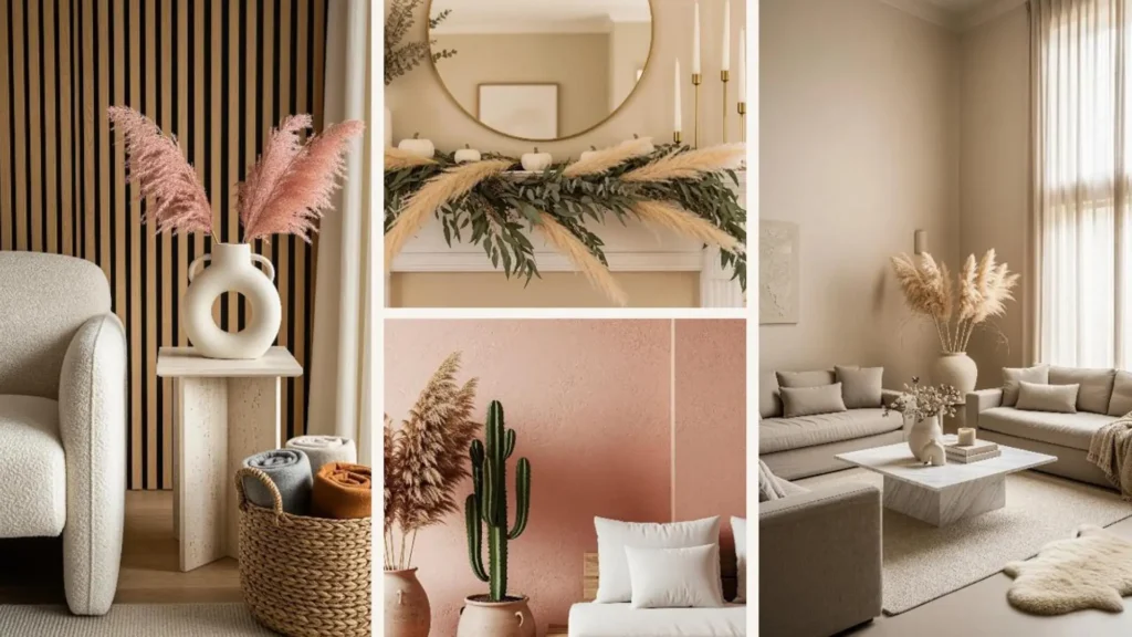 Natürliche Herbst-Wohnzimmer mit Pampasgras, Erdtönen und gemütlicher Deko für ein modernes Ambiente.
