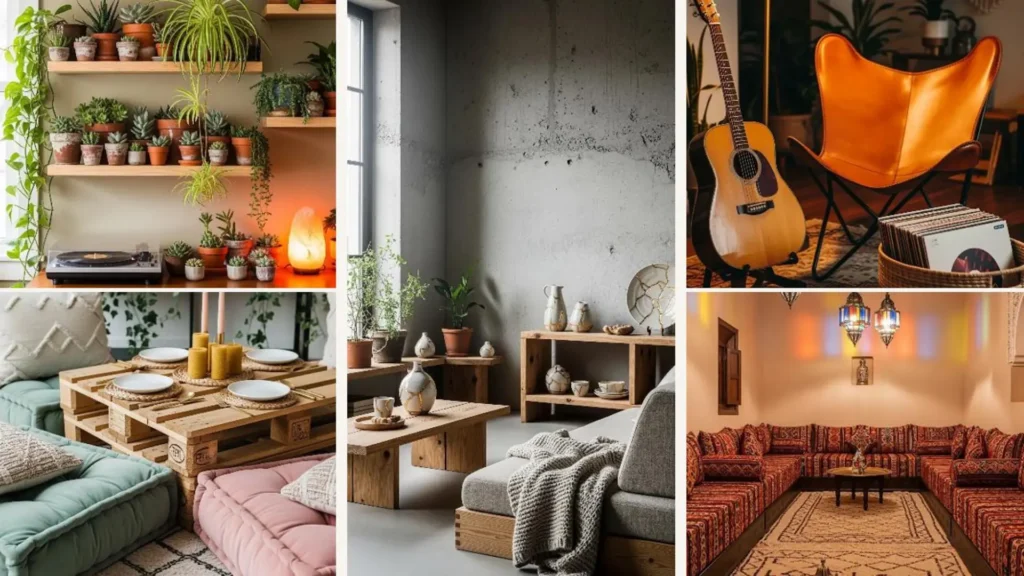 Collage beruhigender Boho-Wohnzimmer mit Pflanzen, Bodenkissen und warmem Licht für stressfreie Wochenenden.