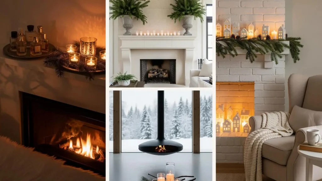 Elegante Kamin-Winterdeko mit Tannenzweigen, Kerzen und neutralen Farben für eine gemütliche Stimmung.