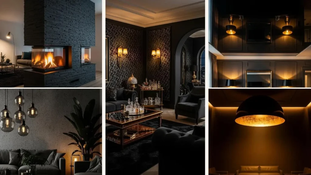 Elegante Wohnzimmer im dunklen Luxusstil mit warmen Lichtzonen, Kamin und Designer-Leuchten für ein exklusives Ambiente.