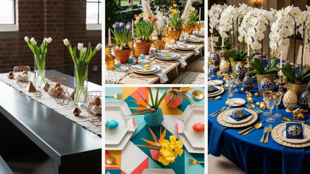 Collage kreativer Ostertisch-Ideen für große Familienessen, von modern bis luxuriös mit Blumen und Eiern.