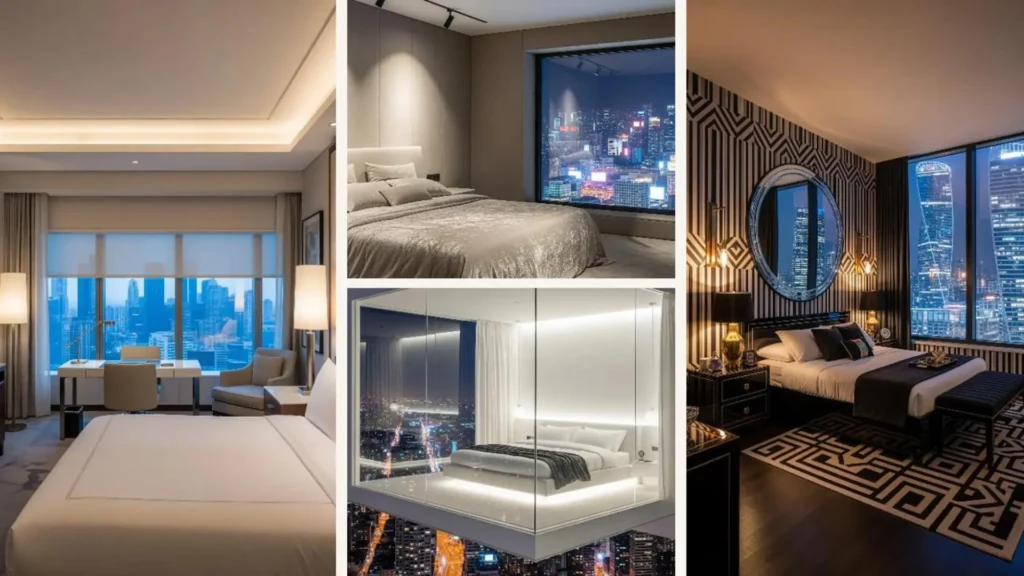 Luxuriöse Schlafzimmer mit Panoramafenstern und Blick auf die funkelnde City-Skyline bei Nacht.