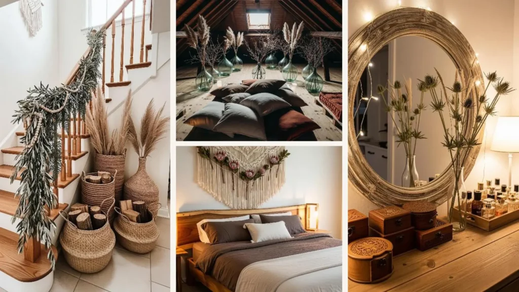 Natürliche Winterdeko mit Trockenblumen und Holz für warmes Boho-Flair in gemütlichen Wohnräumen.