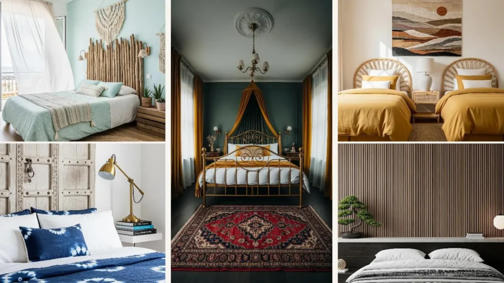 Ruhige Boho-Schlafzimmer-Ideen: Collage mit Rattan, Holz und gemütlichen Textilien für eine stressfreie Atmosphäre.