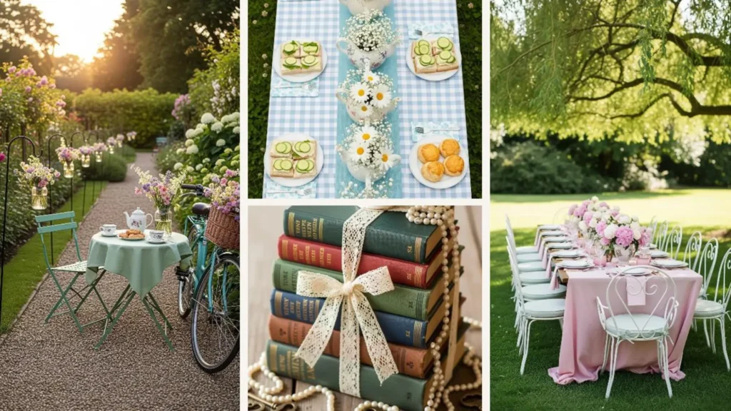 Romantische Teeparty im englischen Garten mit sanfter Pastell-Deko, Blumen und festlichen Tischen.
