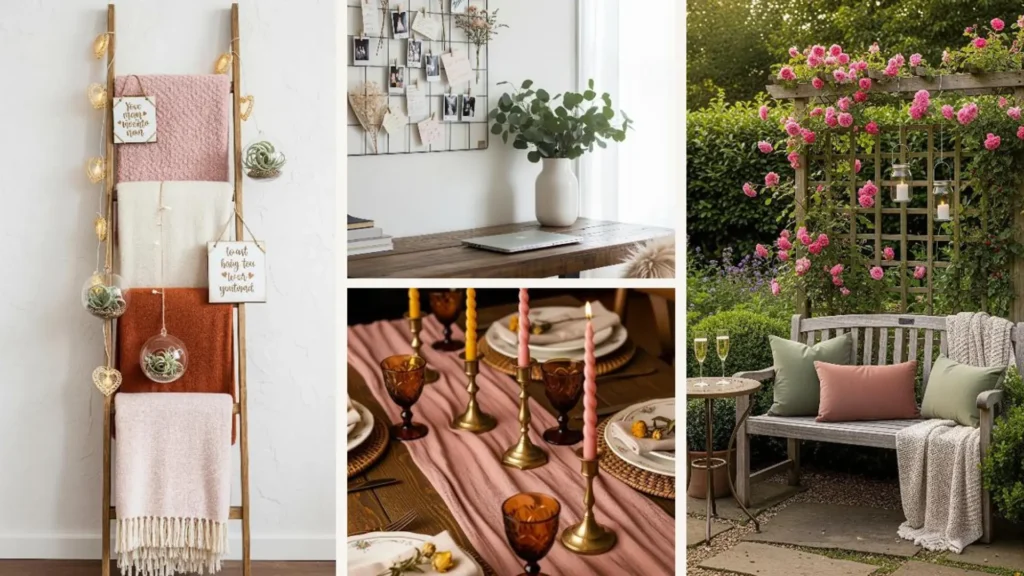 Romantische Boho-Dekoideen zum Valentinstag: Tisch mit Kerzen, Dekoleiter & Gartenbank für warme Vibes.