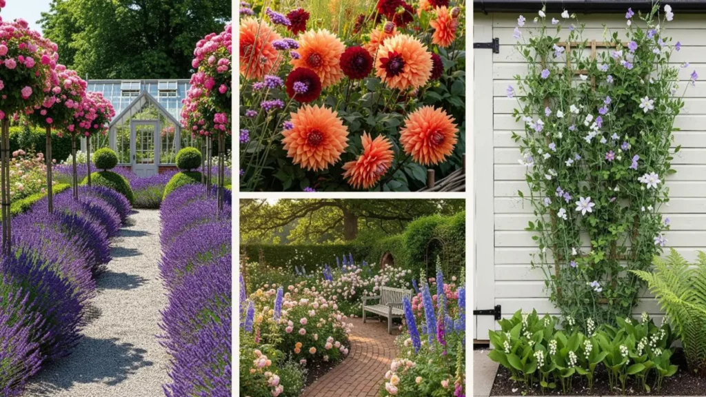 Klassischer englischer Cottage-Garten mit duftenden Blumenbeeten, Rosen, Lavendel und Dahlien.