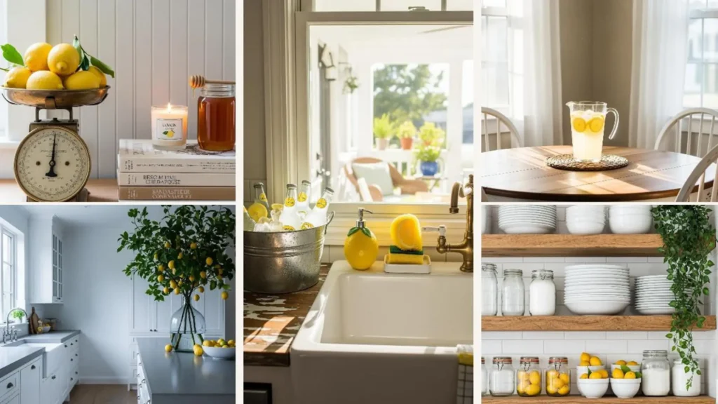 Gemütliche Farmhouse-Küche mit frischen Zitronen-Akzenten, Vintage-Waage und hellem Holz.