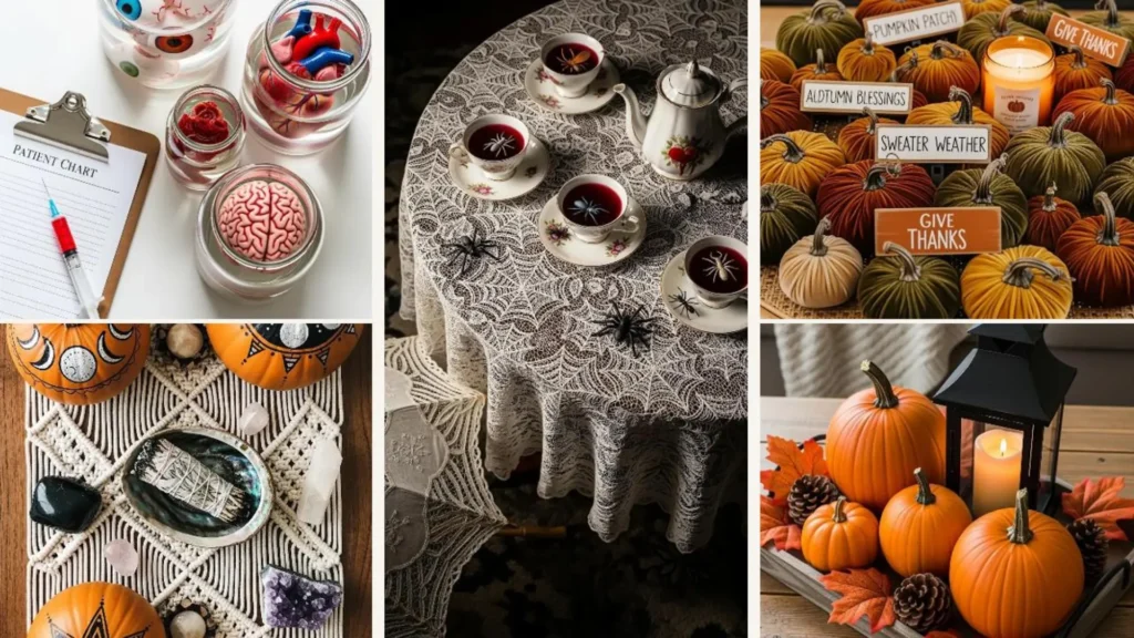Collage diverser Halloween Coffee Table Deko Ideen mit Kürbissen, Spinnennetzen und gruseligen Accessoires.