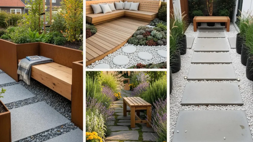 Natürlicher Japandi-Garten mit Steinpfaden und Holzbank für kleine Stadtgärten.